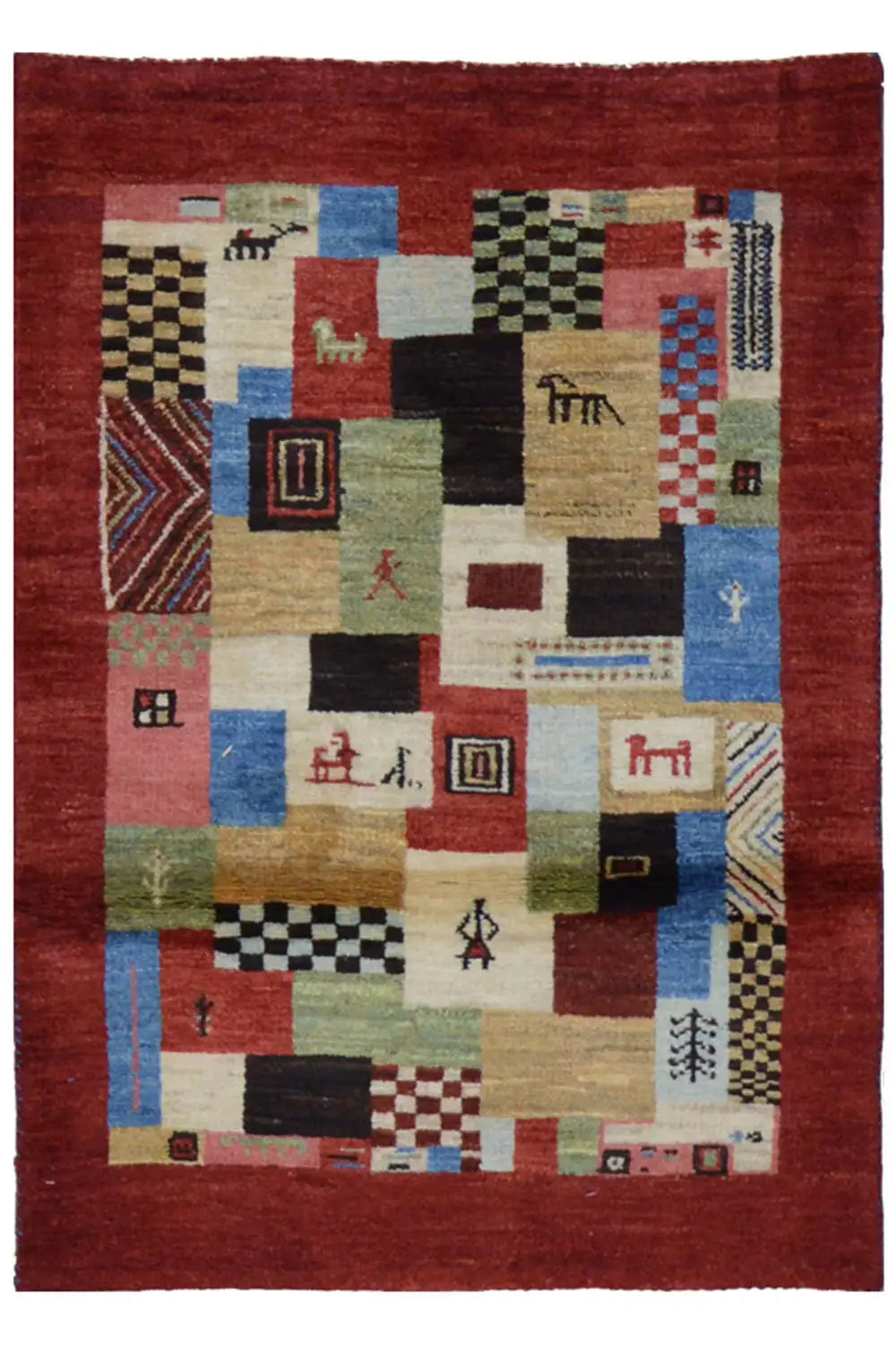 Red Gabbeh rug with patterned patchwork shapes