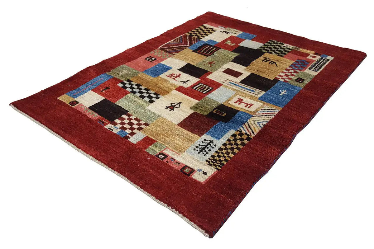 Red Gabbeh rug with multicolored square and line pattern, diagonal