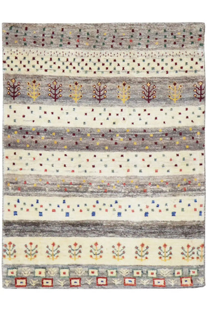 Gabbeh rug with stripes and geometric dots, gray/beige with color accents