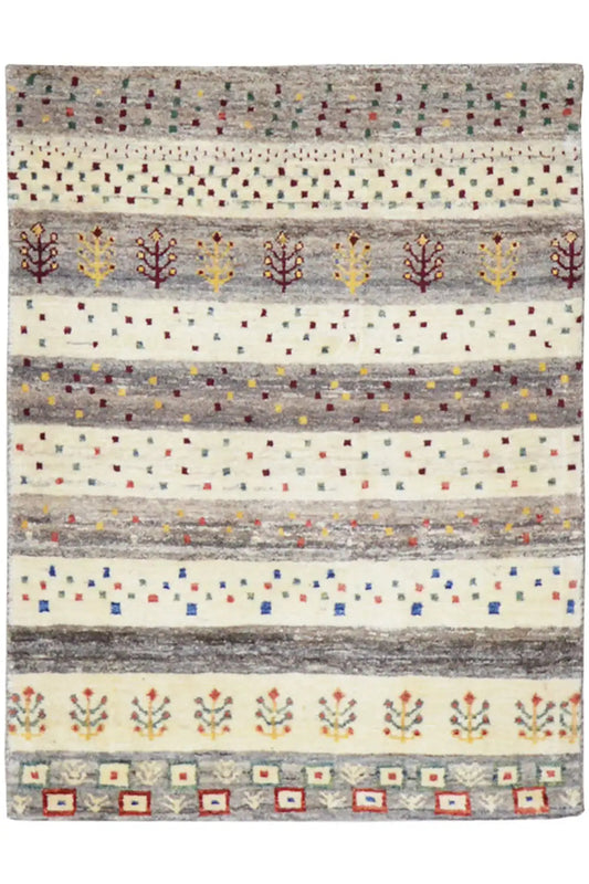Gabbeh rug with stripes and geometric dots, gray/beige with color accents