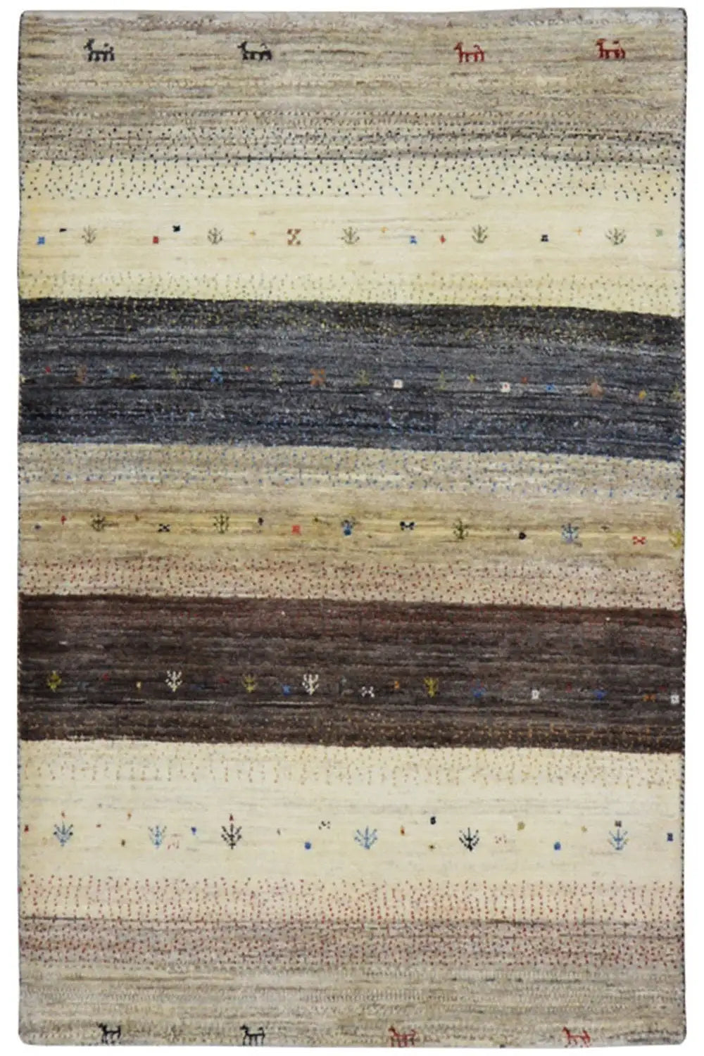 Gabbeh rug with beige stripes and dark areas, fine pattern