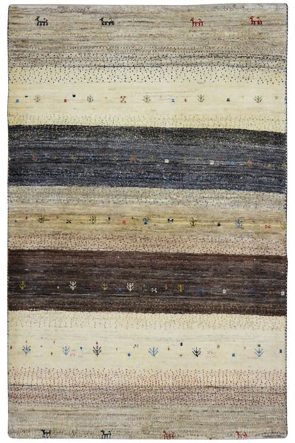 Gabbeh rug with beige stripes and dark areas, fine pattern