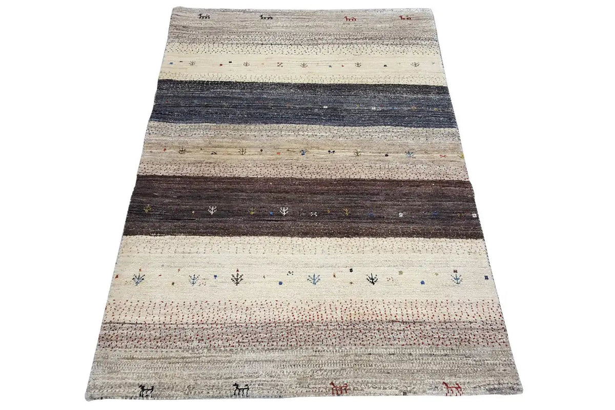 Rectangular Gabbeh rug, striped design in beige and dark blue
