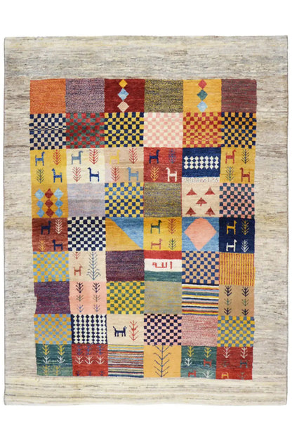 Gabbeh rug with patchwork design and geometric elements, rectangular