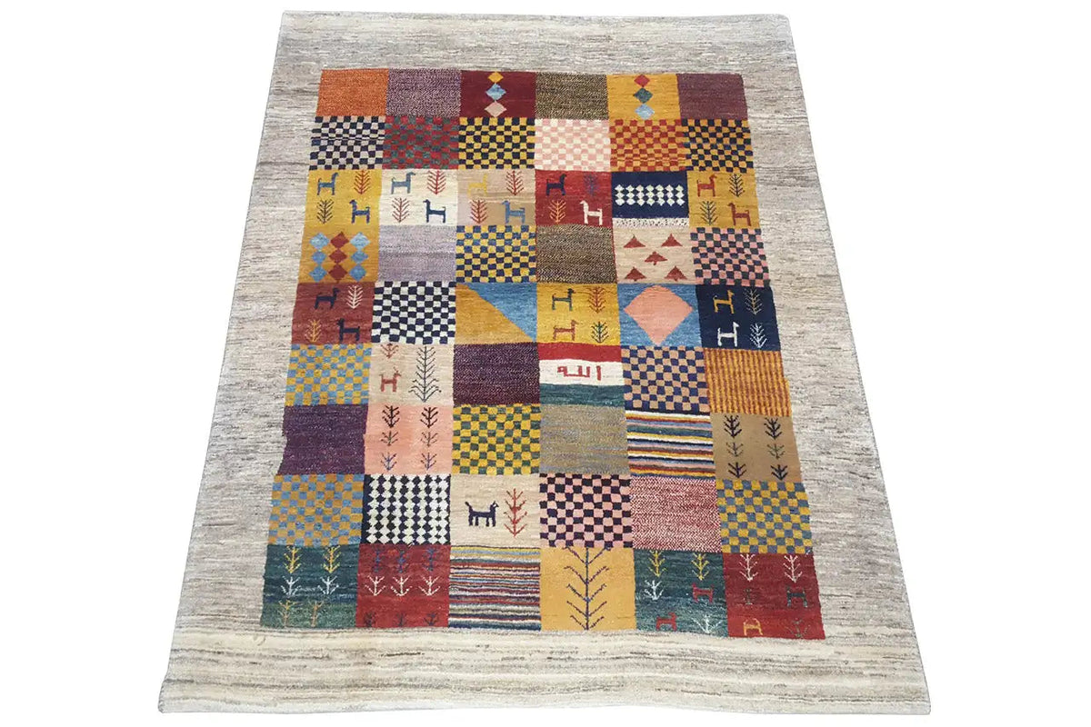 Gabbeh rug with a patchwork layout and colorful tile patterns, rectangular