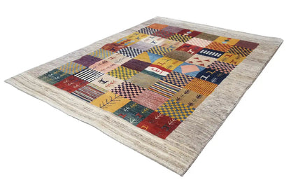 Gabbeh rug with a diagonal patchwork design and geometric symbols, rectangular