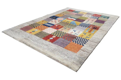 Gabbeh rug with a patchwork design of colorful rectangles and lines, rectangular