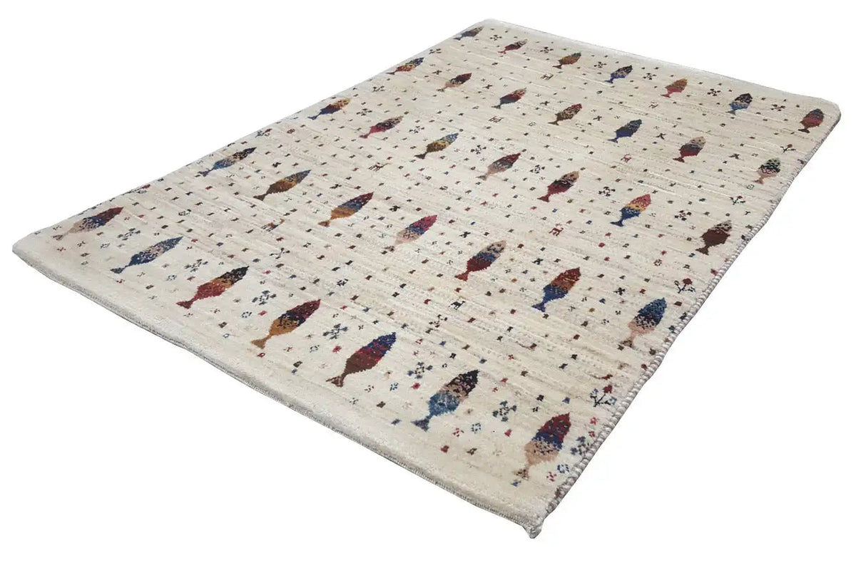 Gabbeh rug in cream with a colorful figurative pattern, rectangular