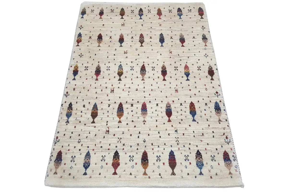 Gabbeh rug in cream with colorful figurative motifs, approx. 117x78 cm