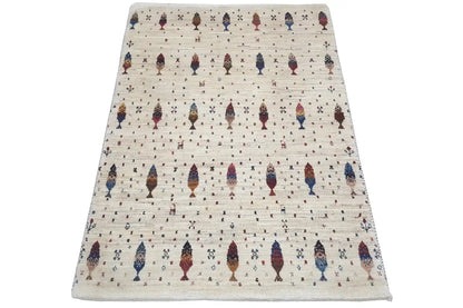 Gabbeh rug in cream with colorful figurative motifs, approx. 117x78 cm