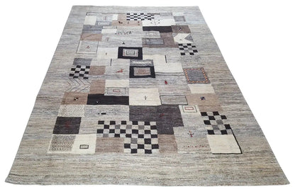 Gabbeh rug 9300345: Patchwork pattern in light beige, gray & dark brown, 295x197 cm