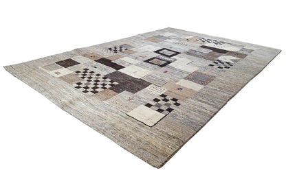 Gabbeh rug 9300345: Patchwork in light beige/gray with black squares & red accents