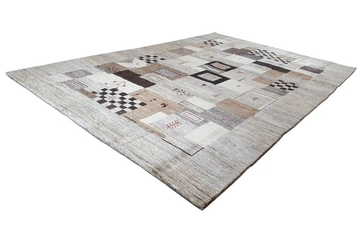 Gabbeh rug 9300345: Patchwork squares in light beige, gray & black, with red details