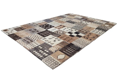 Gabbeh rug with geometric patchwork in beige, brown, and dark brown, rectangular