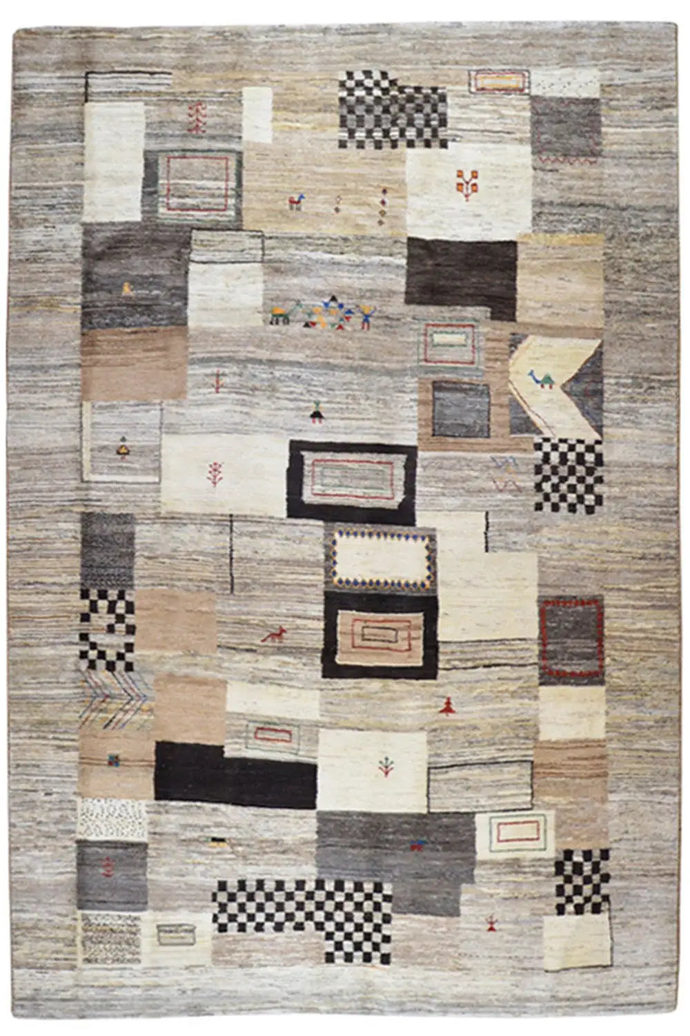 Gabbeh rug with patchwork pattern in beige, gray, and black