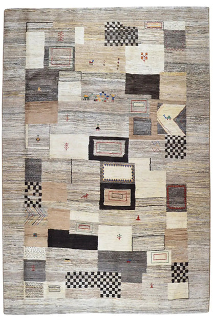 Gabbeh rug with patchwork pattern in beige, gray, and black