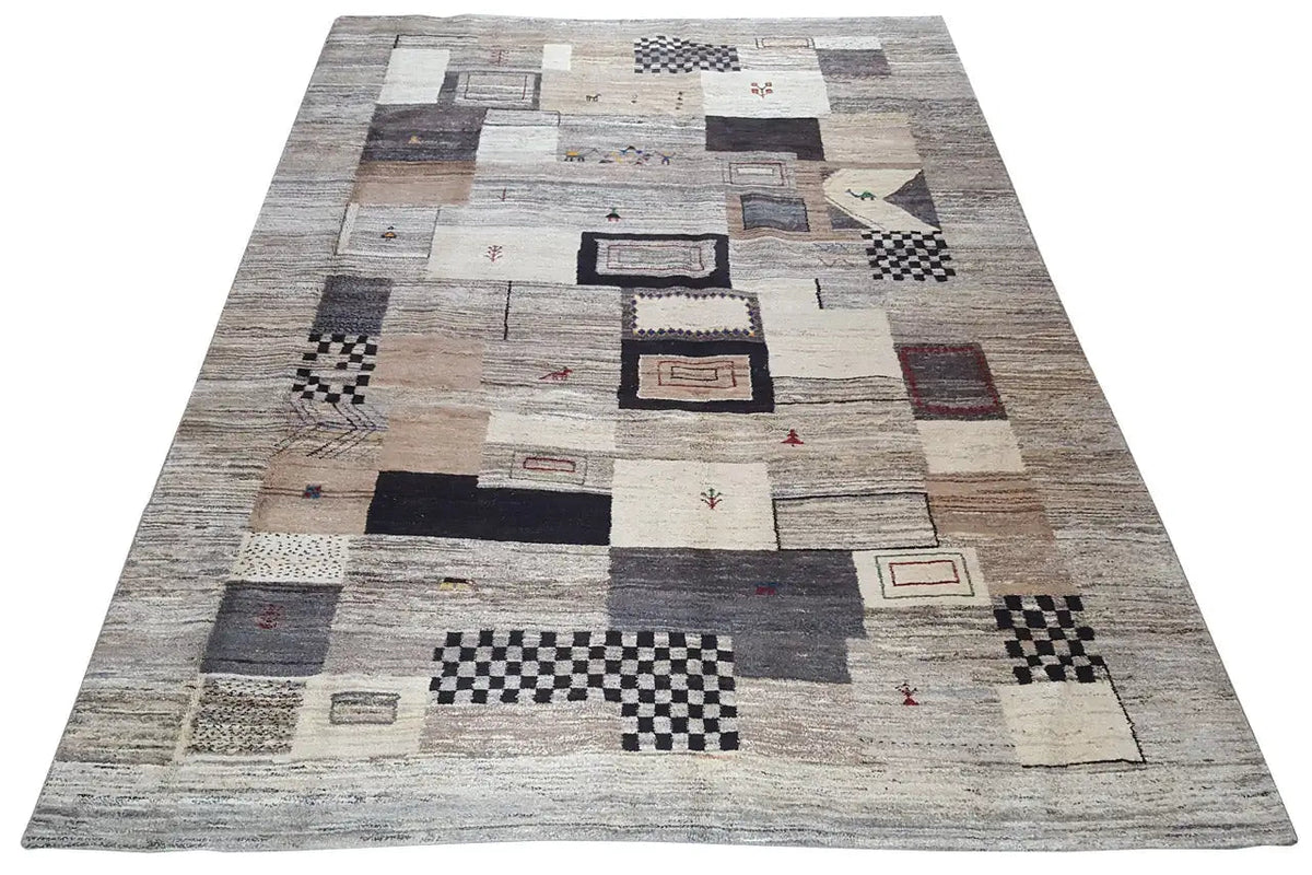 Gabbeh rug, rectangular, with geometric patchwork in gray and beige