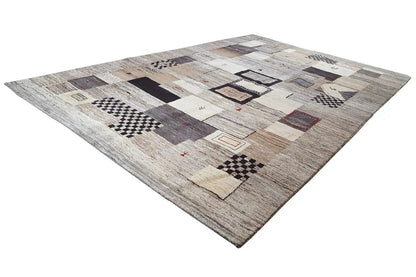 Gabbeh rug with geometric blocks, beige-gray with black accents