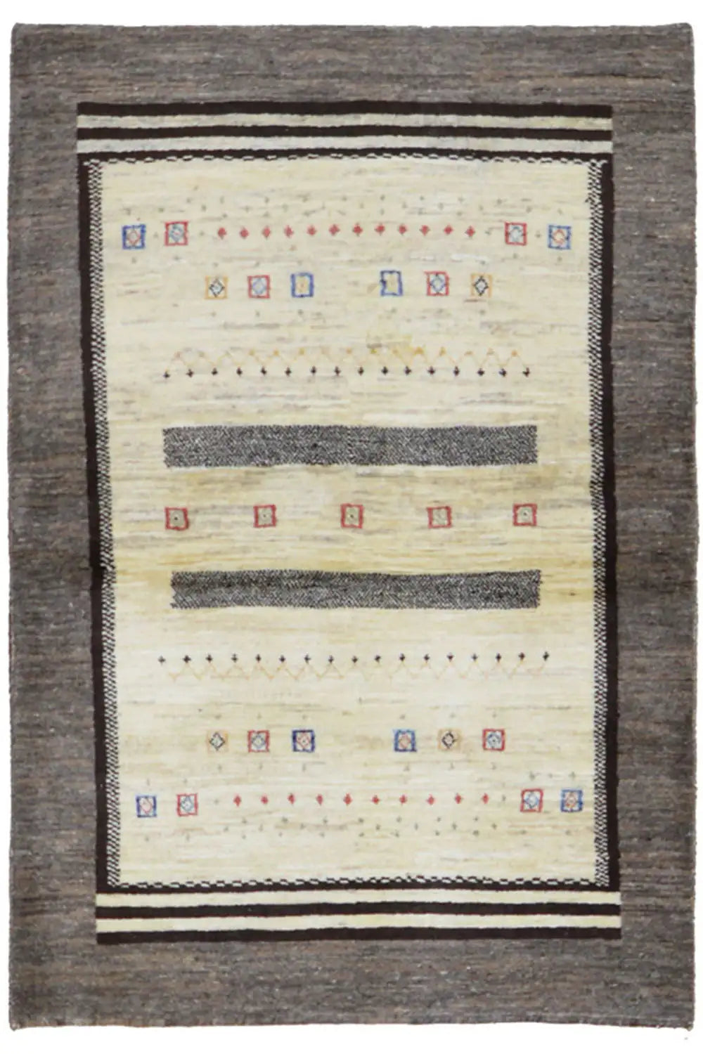 Gabbeh rug with a cream-colored pattern, dark gray border, and decorative stripes