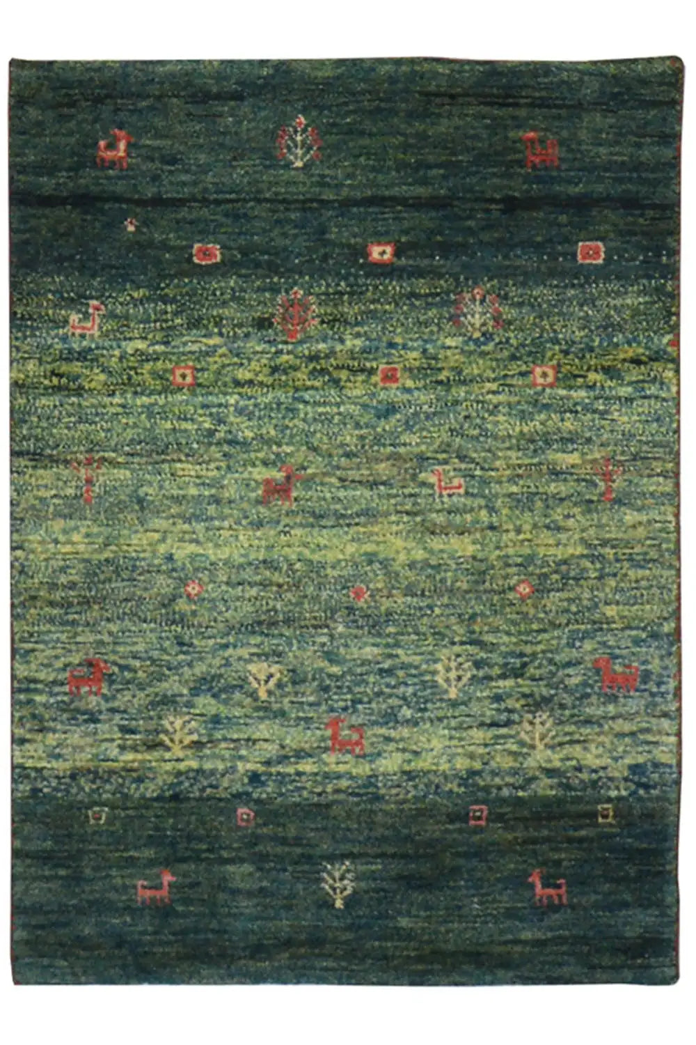 Gabbeh rug with a dark green background, fine red patterns, approx. 86x62 cm.