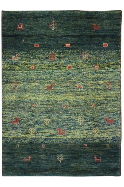 Gabbeh rug with a dark green background, fine red patterns, approx. 86x62 cm.