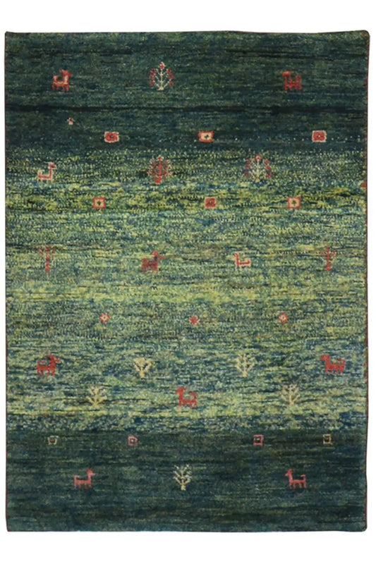 Gabbeh rug with a dark green background, fine red patterns, approx. 86x62 cm.
