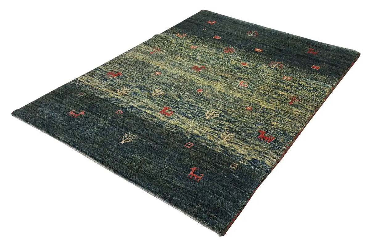 Gabbeh rug (86x62 cm), dark green, with bold patterns featuring red animal and ornamental motifs.