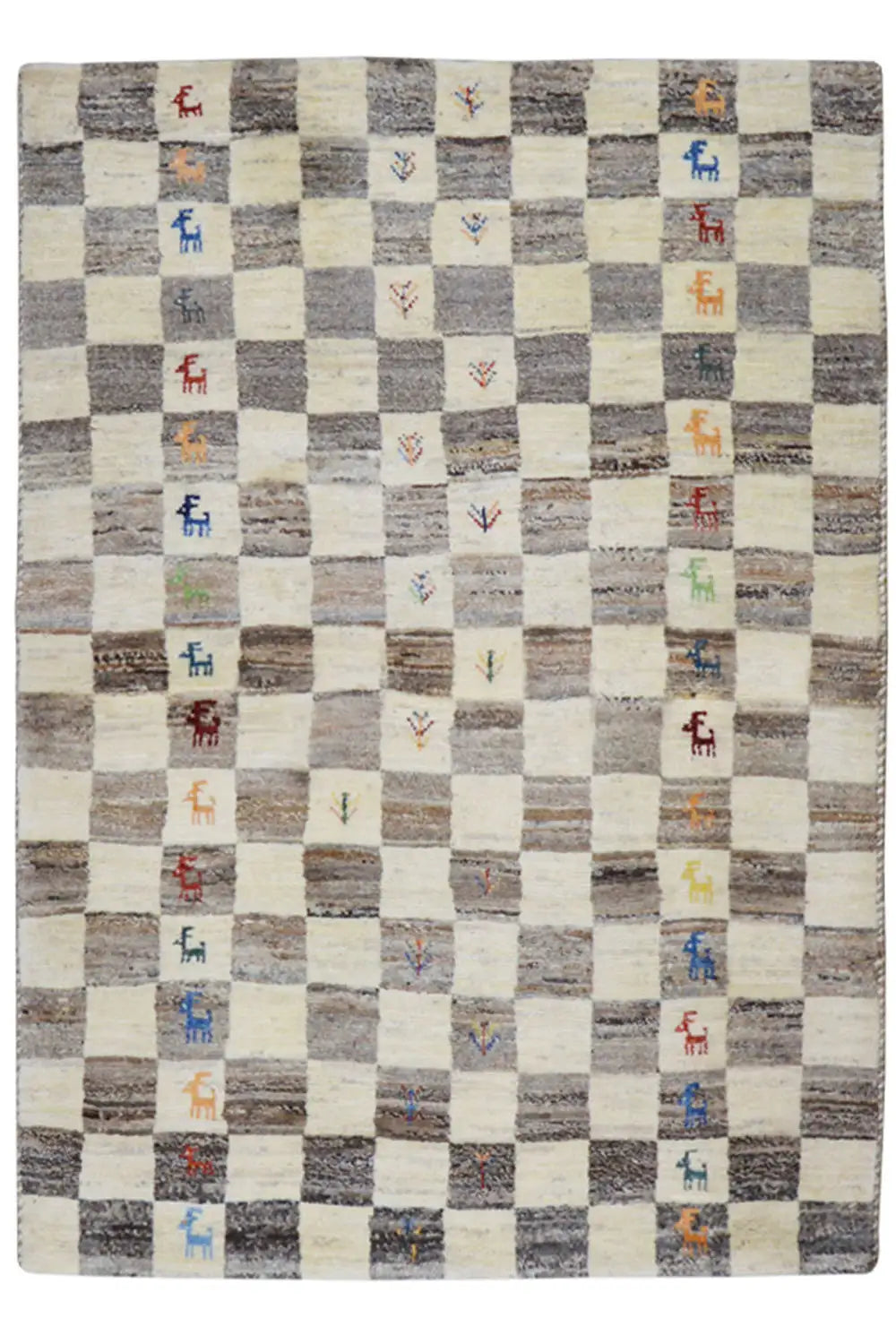 Gabbeh rug with beige checkered pattern and multicolored symbols, 163x116 cm