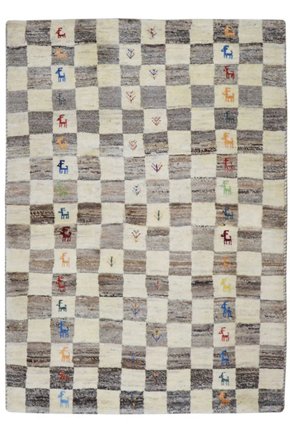 Gabbeh rug with beige checkered pattern and multicolored symbols, 163x116 cm