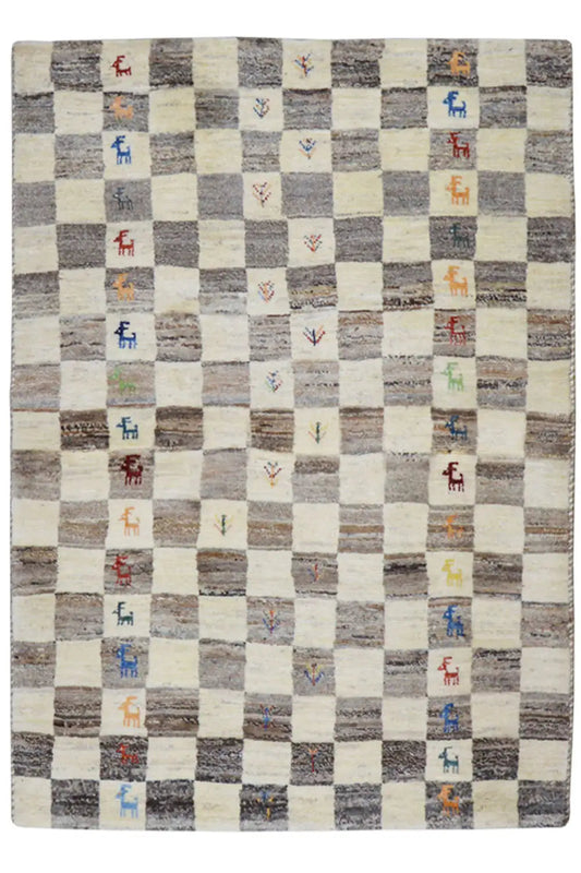 Gabbeh rug with beige checkered pattern and multicolored symbols, 163x116 cm