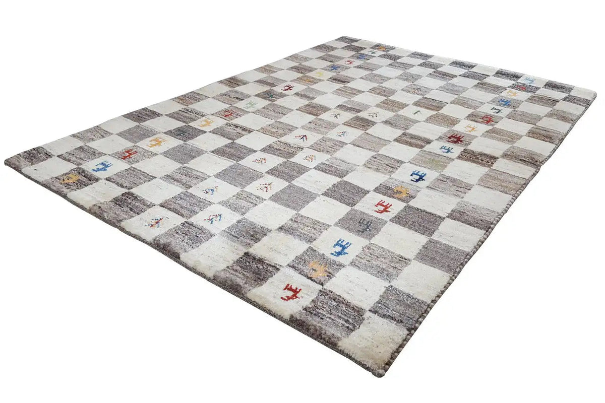 Gabbeh rug with a checkered pattern in beige and gray and colorful cross symbols