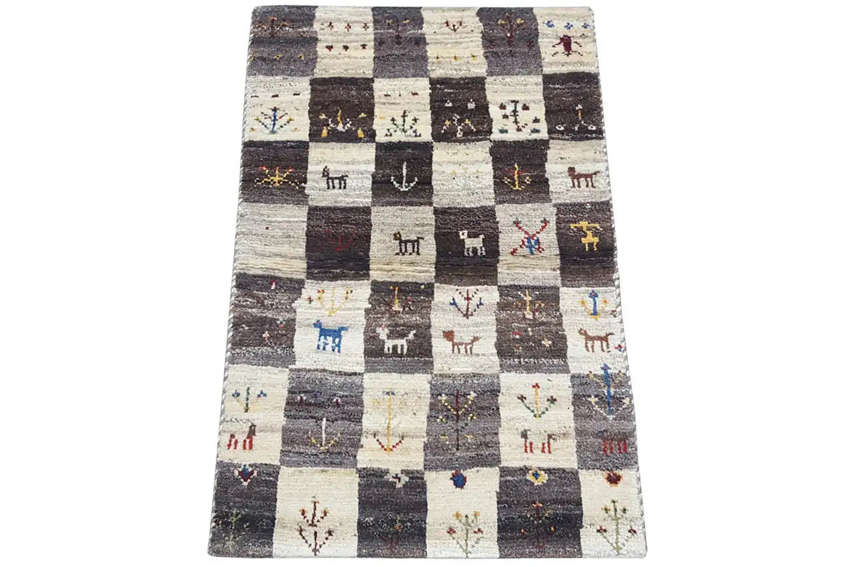Gabbeh rug (94x60 cm) with a checked pattern and small animal motifs, multicolored