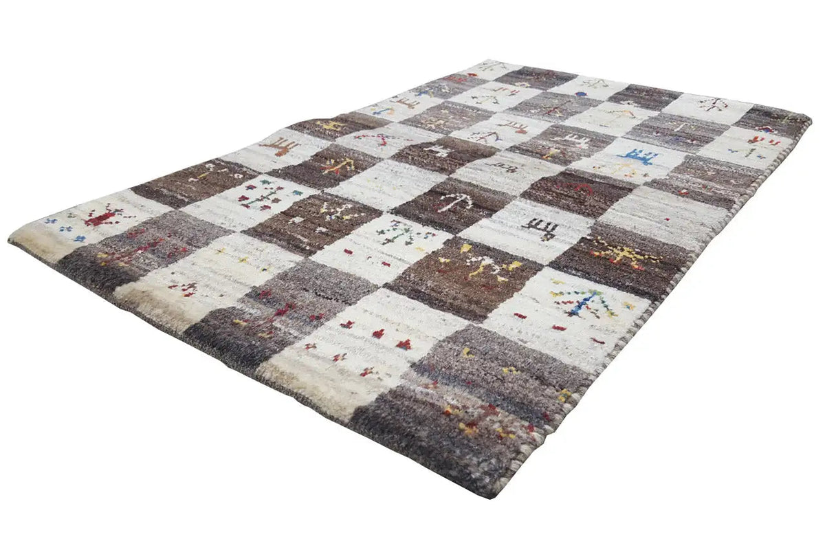 Gabbeh rug (94x60 cm) with patchwork check pattern and animal motifs, dark and light