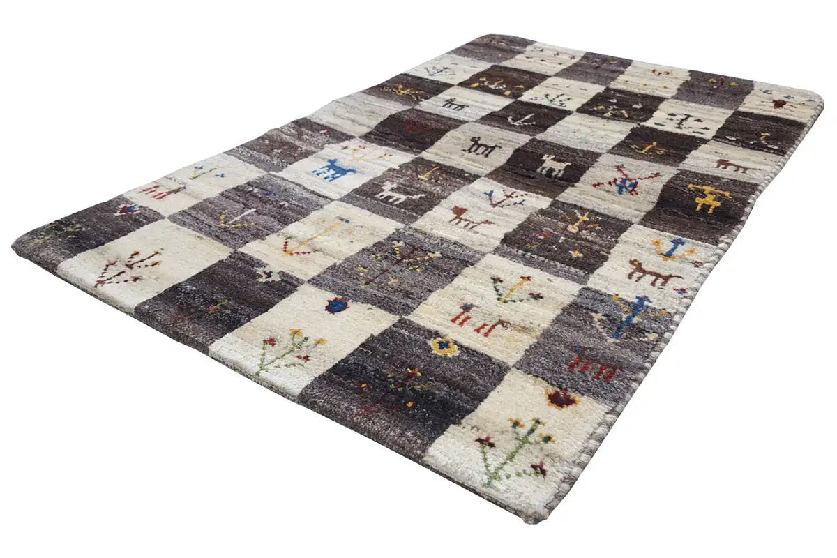 Gabbeh rug (94x60 cm), checked patchwork with animal and jewelry motifs, dark/cream