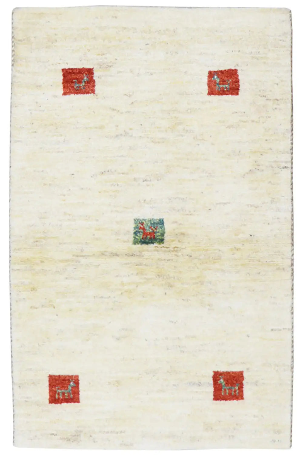 Gabbeh rug in cream with red and green cube patterns, 125×80 cm