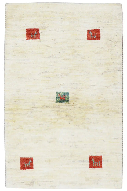 Gabbeh rug in cream with red and green cube patterns, 125×80 cm
