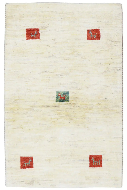 Gabbeh rug in cream with red and green cube patterns, 125×80 cm