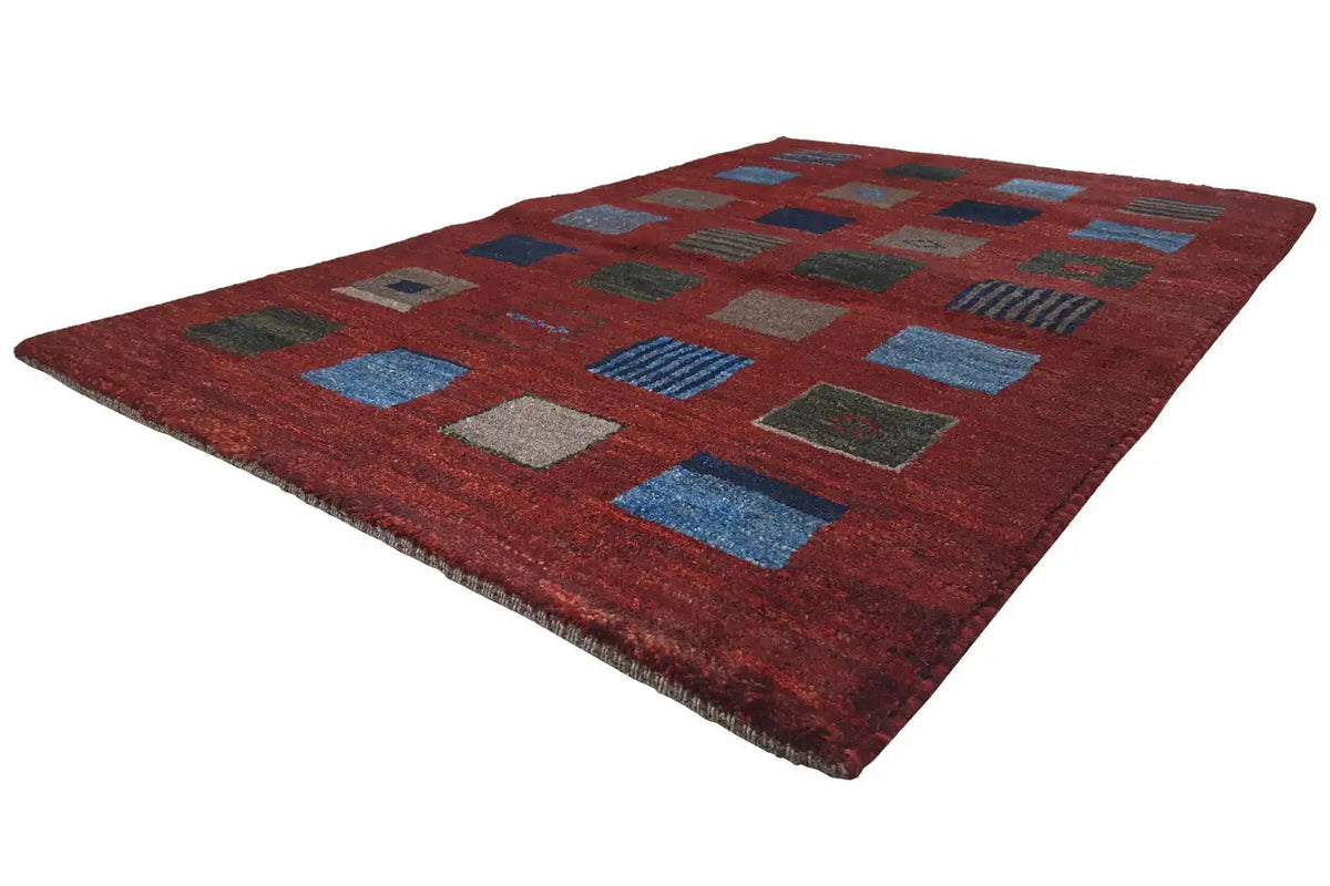 Gabbeh rug 124x80 cm, flat-weave with a geometric block pattern in blue and beige