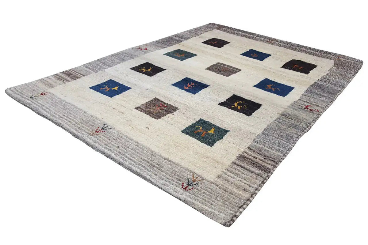 Gabbeh rug, different perspective: cream-colored background, gray border, squares