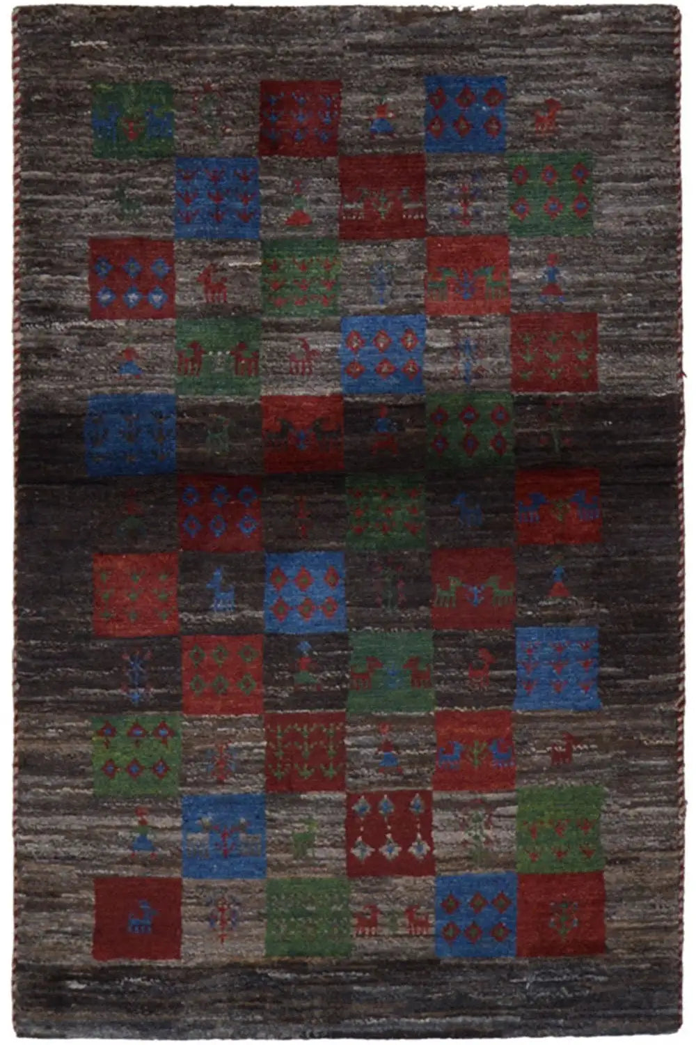 Gabbeh rug with patchwork pattern in dark gray, red, blue, and green