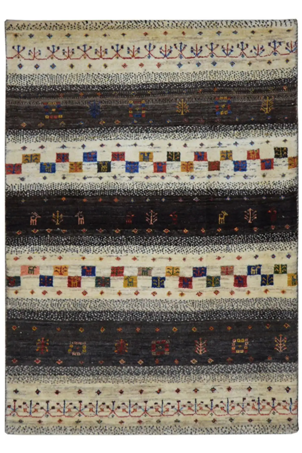 Gabbeh rug with striped pattern, light beige and dark gray, multicolored ornaments