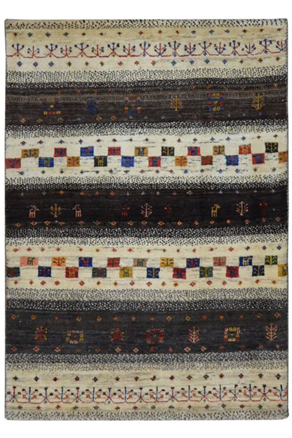 Gabbeh rug with striped pattern, light beige and dark gray, multicolored ornaments