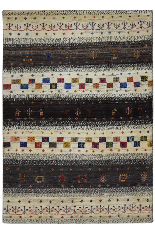 Gabbeh rug with striped pattern, light beige and dark gray, multicolored ornaments