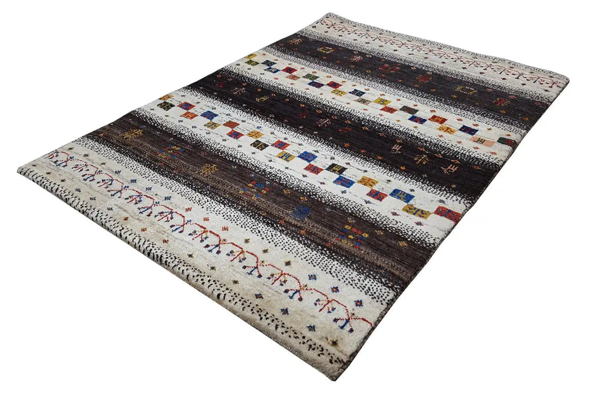 Rug with wide stripes and an ornamental border, light beige/dark gray, multicolored