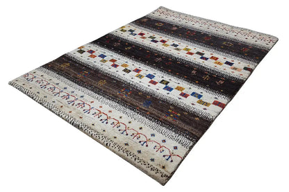 Rug with wide stripes and an ornamental border, light beige/dark gray, multicolored