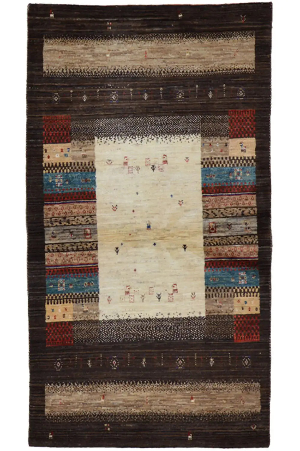 Gabbeh rug with a dark background, central panel, and multicolored borders, rectangular