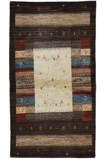 Gabbeh rug with a dark background, central panel, and multicolored borders, rectangular