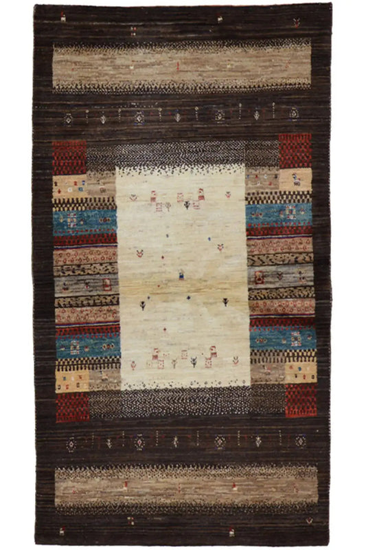Gabbeh rug with a dark background, central panel, and multicolored borders, rectangular