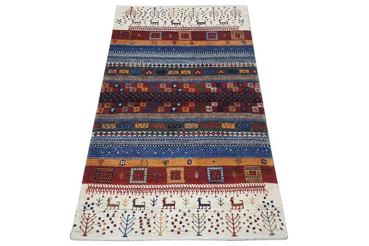 Gabbeh rug with striped patterns and border ornaments, rectangular, 134x73 cm