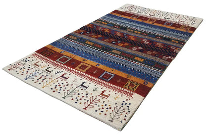 Gabbeh rug diagonal: border and geometric patterns, multicolored, rectangular
